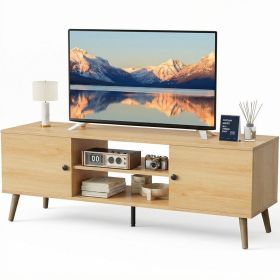 Mid-Century Modern Wooden TV Stand for 55-60' TVs, 2 Storage Cabinets, Adjustable Shelf, Cable Management, Sturdy Legs, Easy Assembly, Wood
