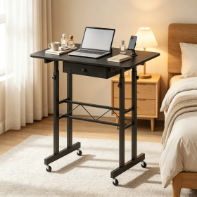 Height Adjustable Laptop Desk with Fabric Drawer Tablet Holder And Lockable Wheels for Home Office Use