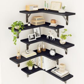 Rustic Wood Wall Mounted Corner Shelf for Bathroom, Kitchen, Bedroom, Home Decor, Laundry Room, Living Room, Set of 5 (Black)