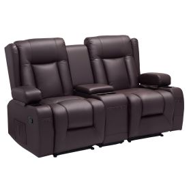 Loveseat Recliner Sofa, Manual Reclining Couch with Center Console, PU Faux Leather Recliner Sofa with USB Ports, Cup Holders and Storage Bags