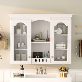 Wall Mounted Medicine Cabinet, Bathroom Wall Cabinet with 2 Glass Doors, Over The Toilet Space Saver Storage Cabinet with Ample Storage, White