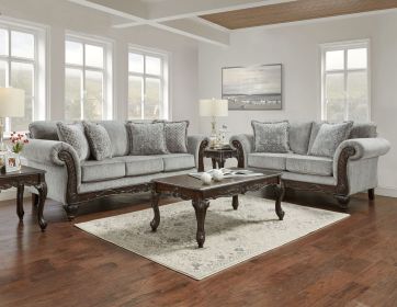 Hernen Carved Wood Frame Gray Sofa and Loveseat Set