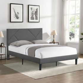 Queen Size Upholstered Platform Bed Frame with Headboard, Strong Wood Slat Support, Mattress Foundation, No Box Spring Needed, Easy Assembly, Gra