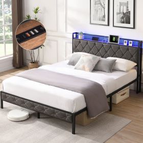 Full Bed Frame with Storage Headboard, Charging Station and LED Lights, Upholstered Platform Bed with Heavy Metal Slats, No Box Spring Needed