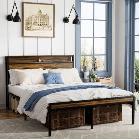 Queen Size Bed Frame, Storage Headboard with LED light, Charging Station, Solid and Stable, Noise Free, No Box Spring Needed, Easy Assembly