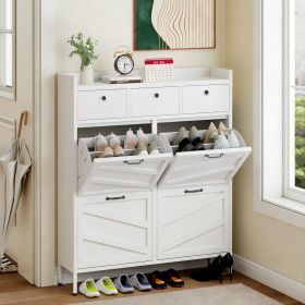 Metal Shoe Cabinet White - 4 Flip Drawers + 3 Drawers, Slim 11.8"D Freestanding Steel Shoe Organizer, Anti-Tip Hidden Entryway Shoe Rack