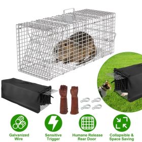 Humane Cat Trap Cage With Waterproof Cover Gloves Catch Release Live Animal Rodent Cage Collapsible Galvanized Wire For Raccoons Beavers Groundho (Option: WithCover)